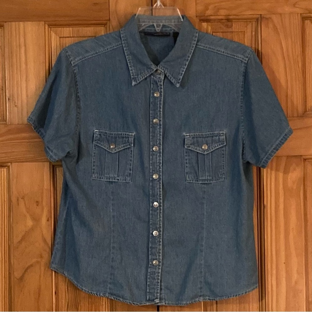NWOT Route 66 Vintage 90s Denim Top Short Sleeve Blouse Blue Size L Large
